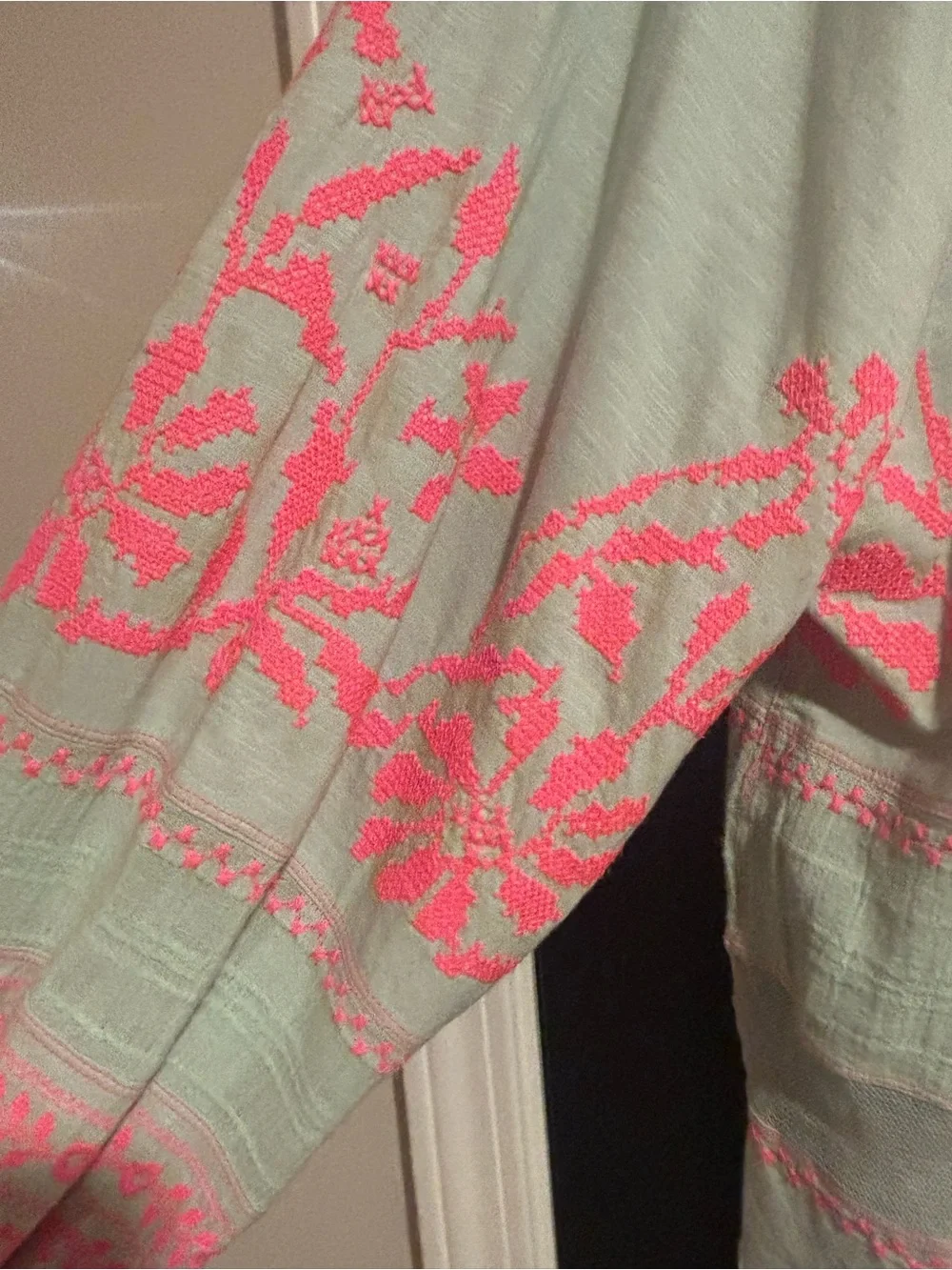 Free People Mint Peasant Blouse with Pink Embroidery